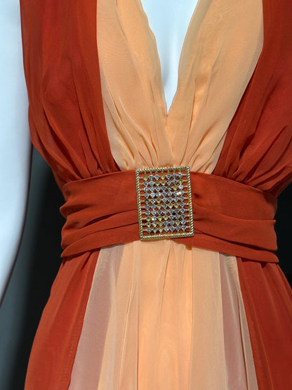 EMMA DOMB, vintage 1970s evening dress, rust and peach chiffon gown
