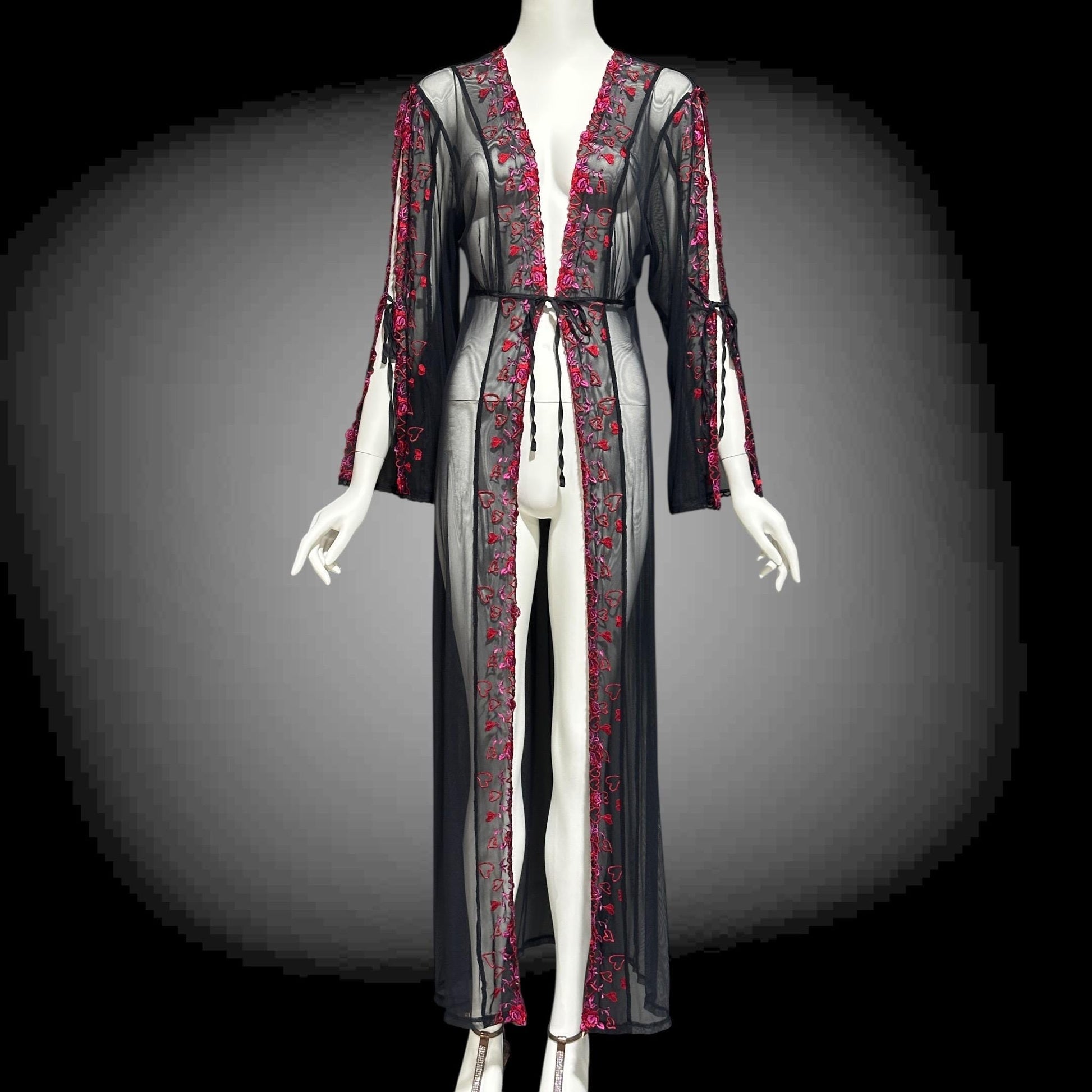 JACALYN BENNETT, Vintage 1990s lace mesh robe, FREDERICK'S of Hollywood, sheer black mesh dressing gown