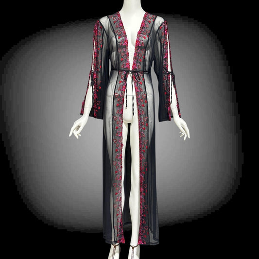 JACALYN BENNETT, Vintage 1990s lace mesh robe, FREDERICK'S of Hollywood, sheer black mesh dressing gown