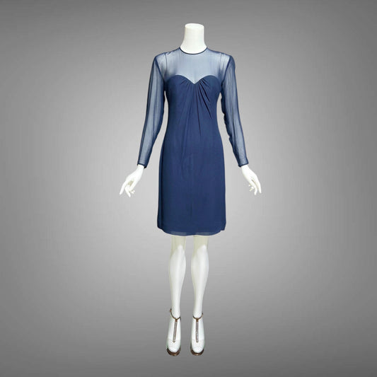JEAN-LOUIS SCHERRER, vintage 1980s evening cocktail dress, navy blue sheer silk dress