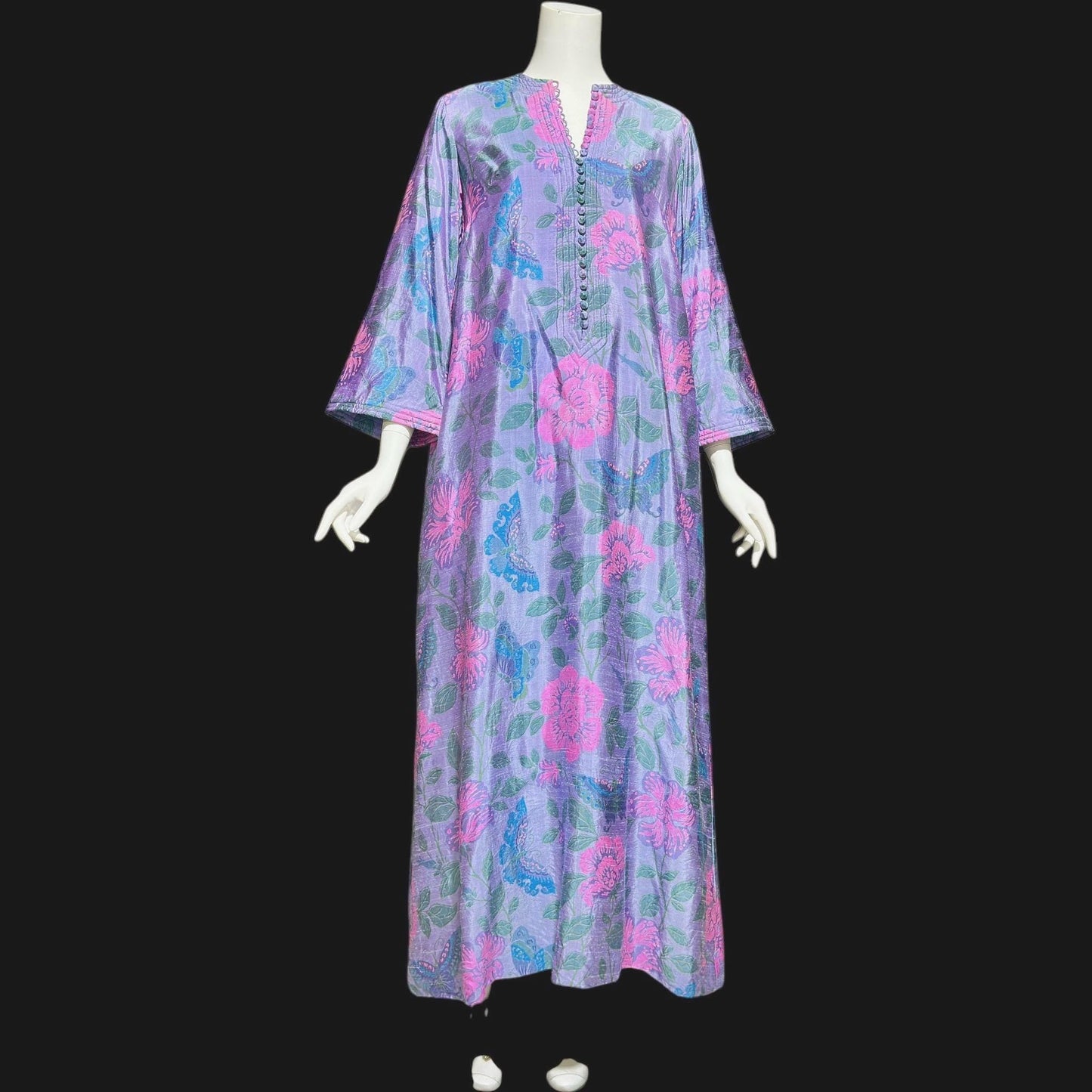 JIM THOMPSON, vintage 1960s Thai Silk caftan maxi dress, dusty blue flowers butterflies Hippie Boho Kaftan