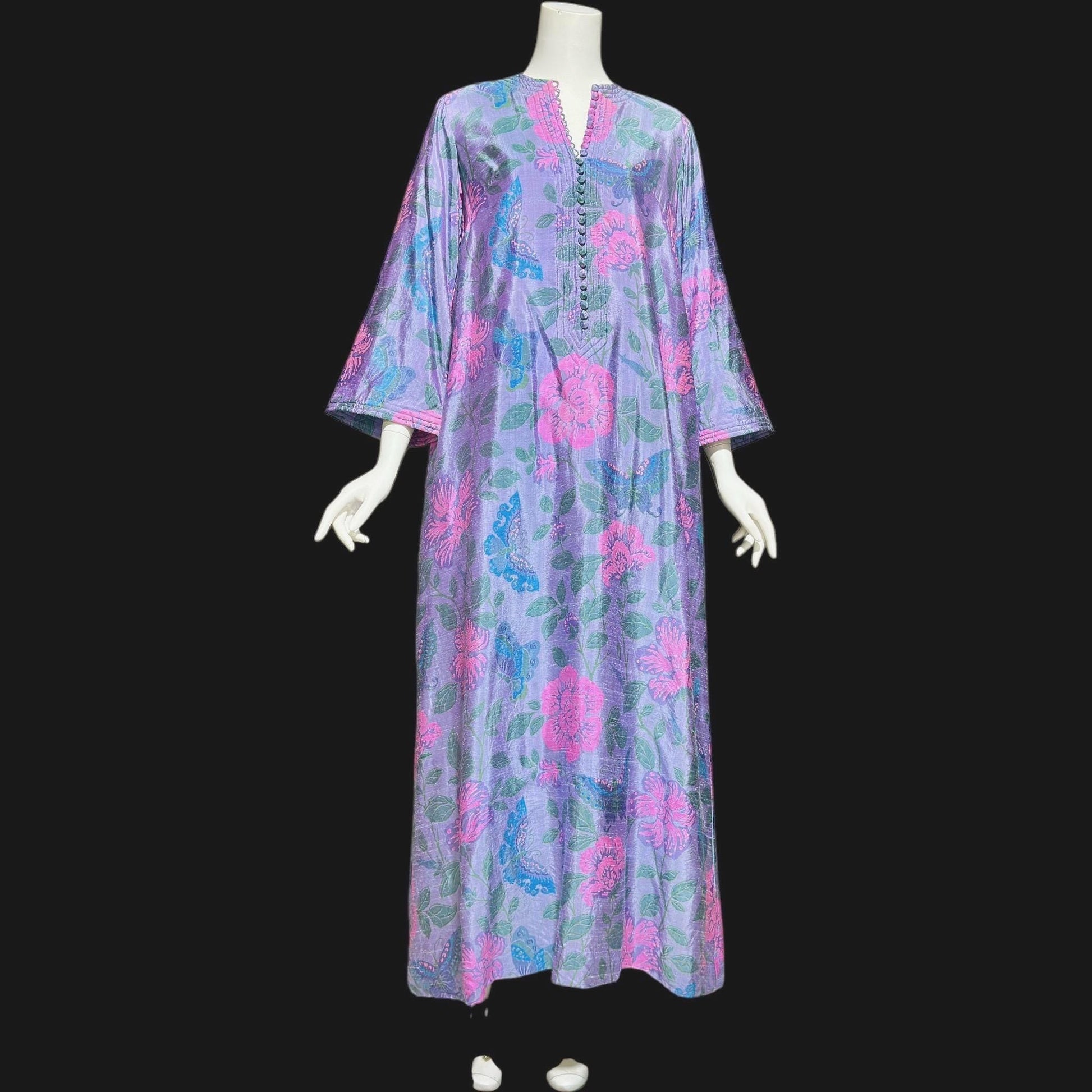 JIM THOMPSON, vintage 1960s Thai Silk caftan maxi dress, dusty blue flowers butterflies Hippie Boho Kaftan