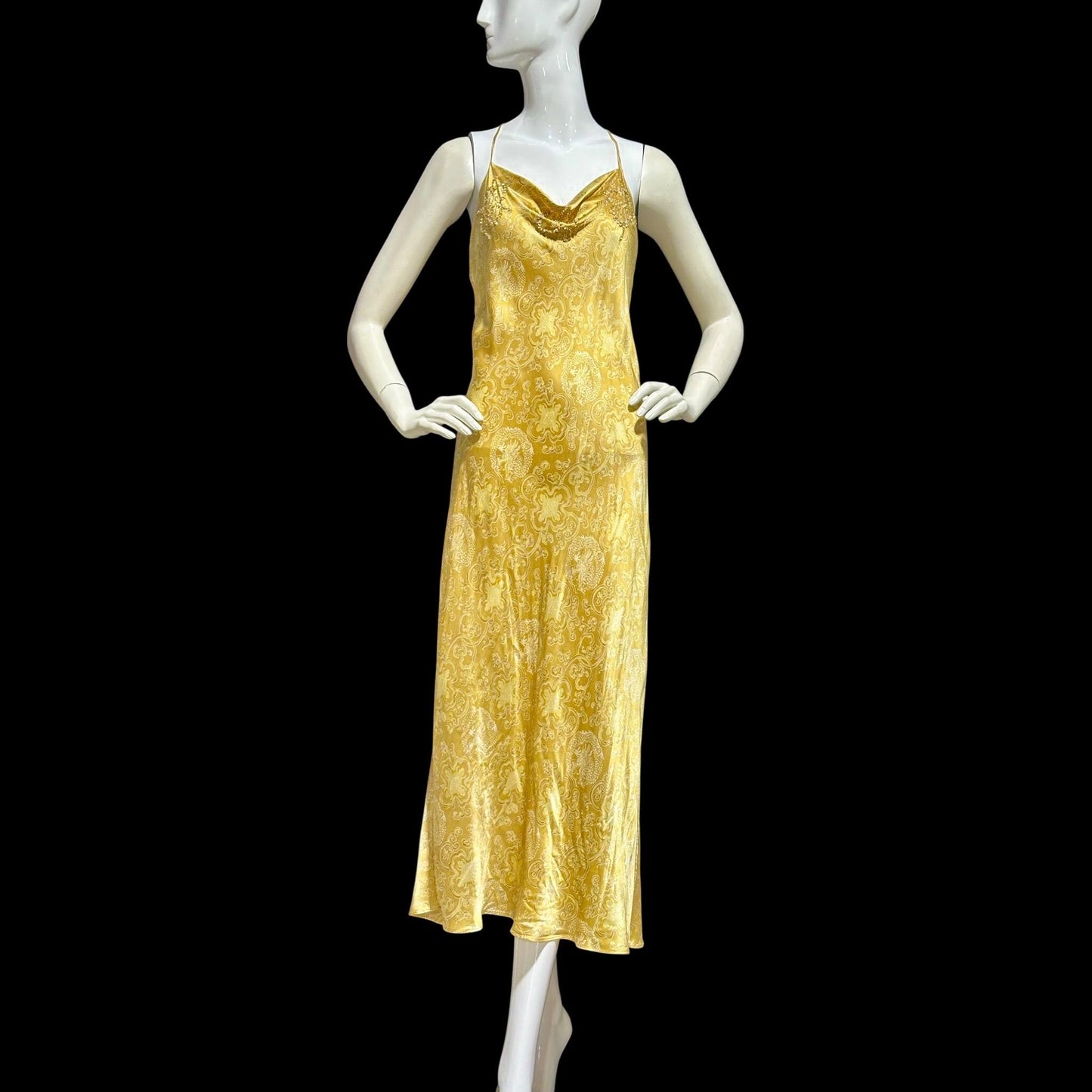 JOSIE NATORI, vintage Y2K nightgown slip dress, gold asian motif silk bias cut sequin sheath