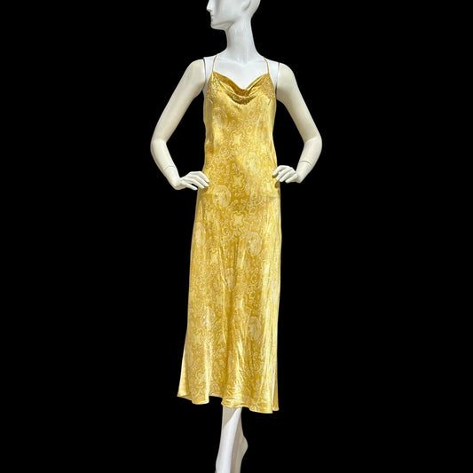 JOSIE NATORI, vintage Y2K nightgown slip dress, gold asian motif silk bias cut sequin sheath