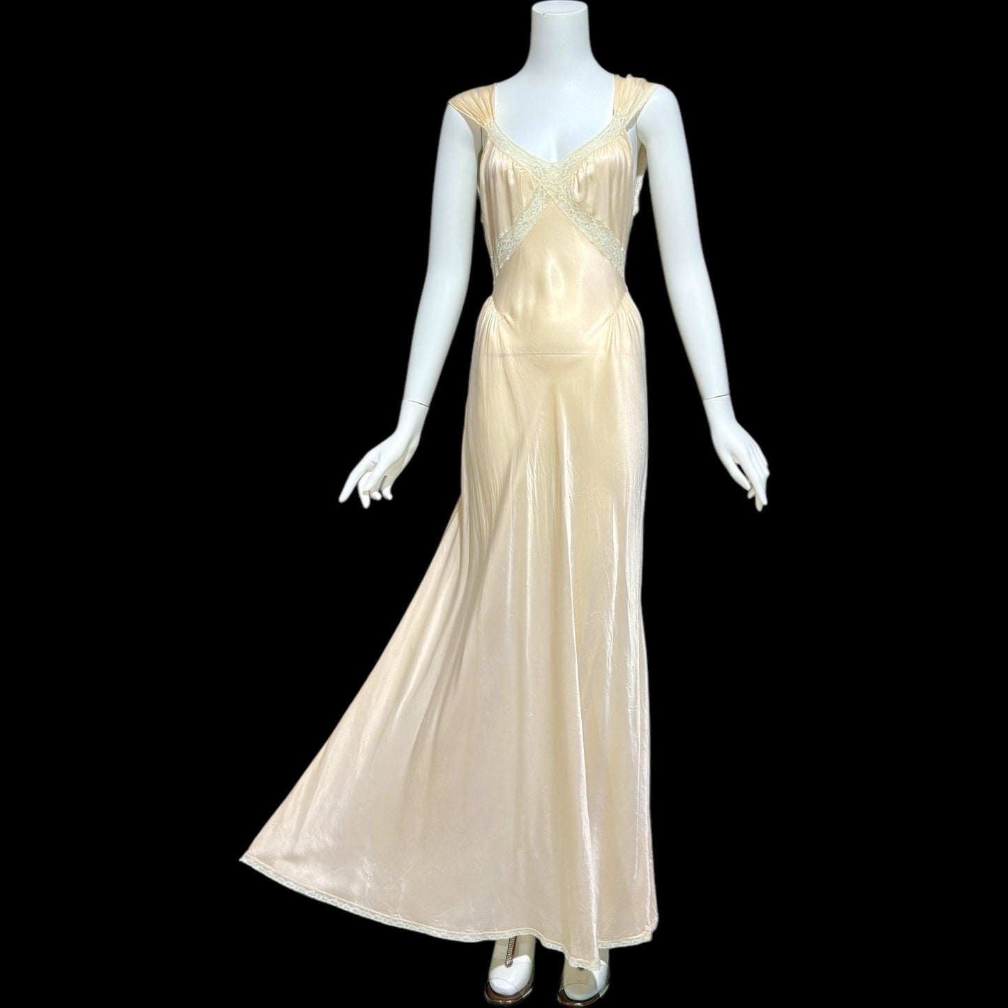 LAROS, vintage 1940s nightgown slip dress, soft peach bias cut Bemberg rayon slip dress