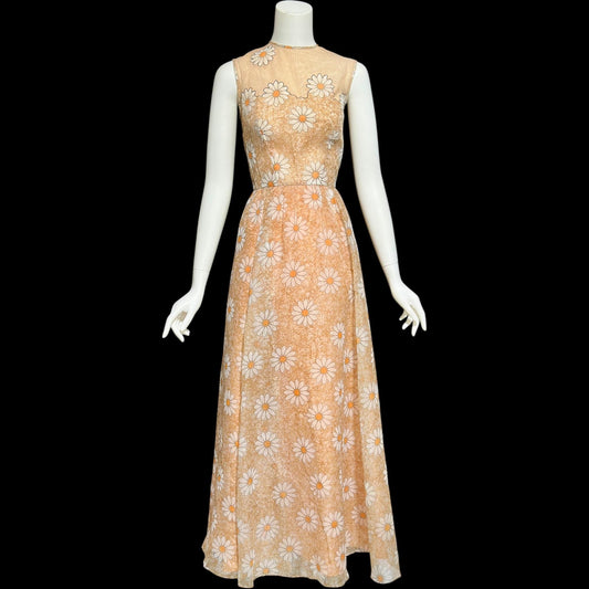 LILLI DIAMOND vintage 1960s evening dress gown, Daisy floral voile maxi dress, illusion neckline