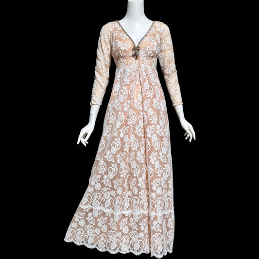 LILLIE RUBIN COLLECTION 700, vintage 1960s evening dress gown, white lace regency style formal party gown