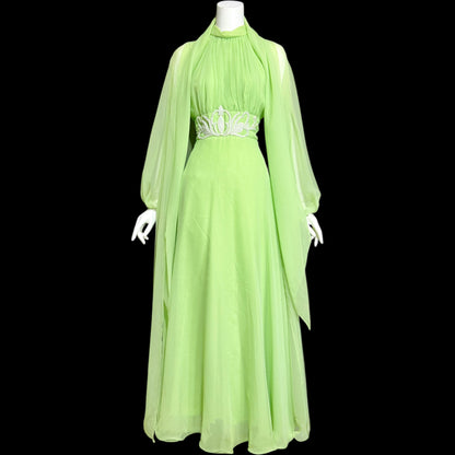LILLIE RUBIN vintage 1970s green chiffon evening dress gown, Collection 700, matching scarf cape