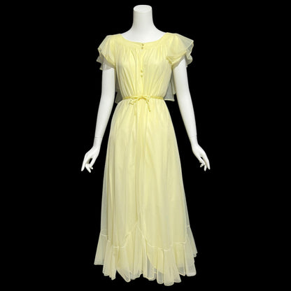 LUCIE ANN Claire Sandra, 1960s Marshall Field daffodil yellow full sweep ruffled nightgown, grecian wrap slip dress
