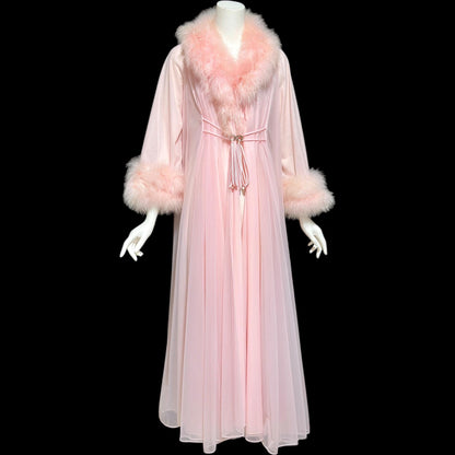 LUCIE ANN Claire Sandra dressing gown robe, vintage 1960s frothy pink full sweep marabou gown