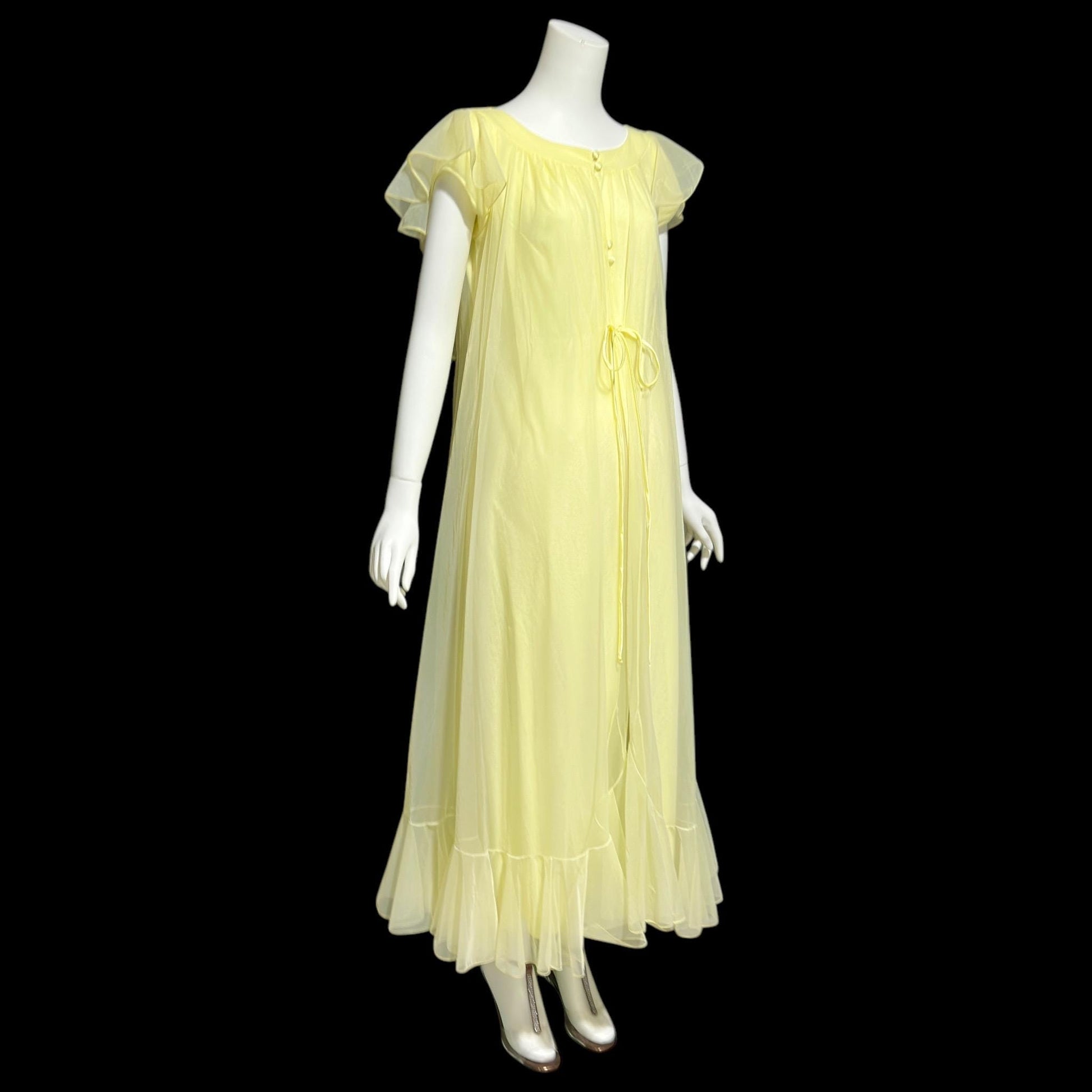 LUCIE ANN Claire Sandra, 1960s Marshall Field daffodil yellow full sweep ruffled nightgown, grecian wrap slip dress