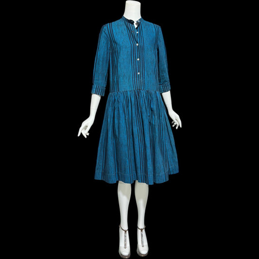 MARIMEKKO vintage 1960s day dress, Suomi Finland cotton shirt dress, Blue black stripe