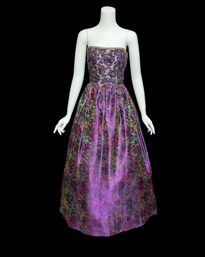 MARY MCFADDEN COUTURE, vintage 1980s evening dress, Saks Fifth Avenue Purple beaded floral ball gown