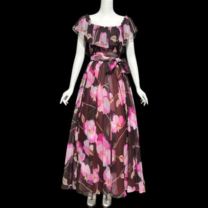 MIGNON New York, vintage 1970s floral Chiffon Maxi Dress, Chocolate Brown Hot Pink evening gown