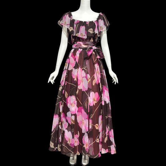 MIGNON New York, vintage 1970s floral Chiffon Maxi Dress, Chocolate Brown Hot Pink evening gown