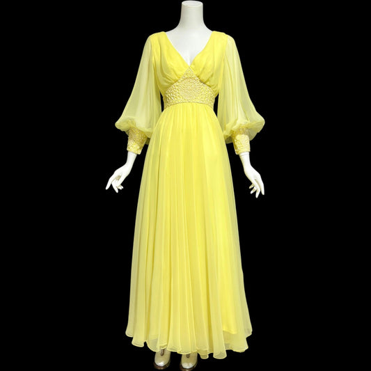 MIKE BENET, vintage 1970s evening dress, Lemon Yellow chiffon sequin formal ball gown