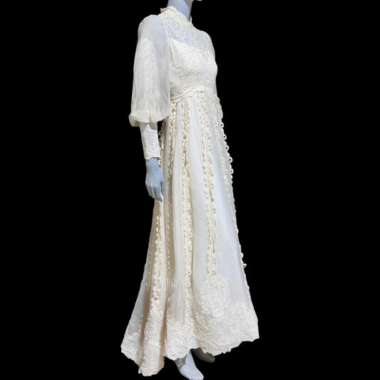 MONTALDO'AS vintage 1970s wedding dress, Romantic Victorian Inspired lace and beads ball gown, bishop bell Sleeves, Hippie Bohemian gown