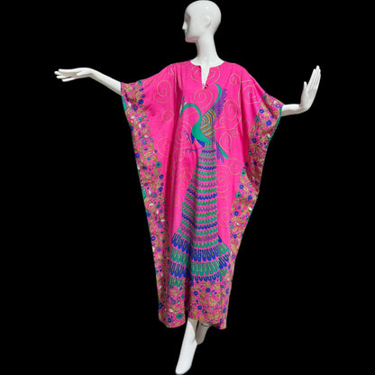 NEIMAN MARCUS, vintage 1970s caftan dress, hot pink cotton, hand screened in Thailand
