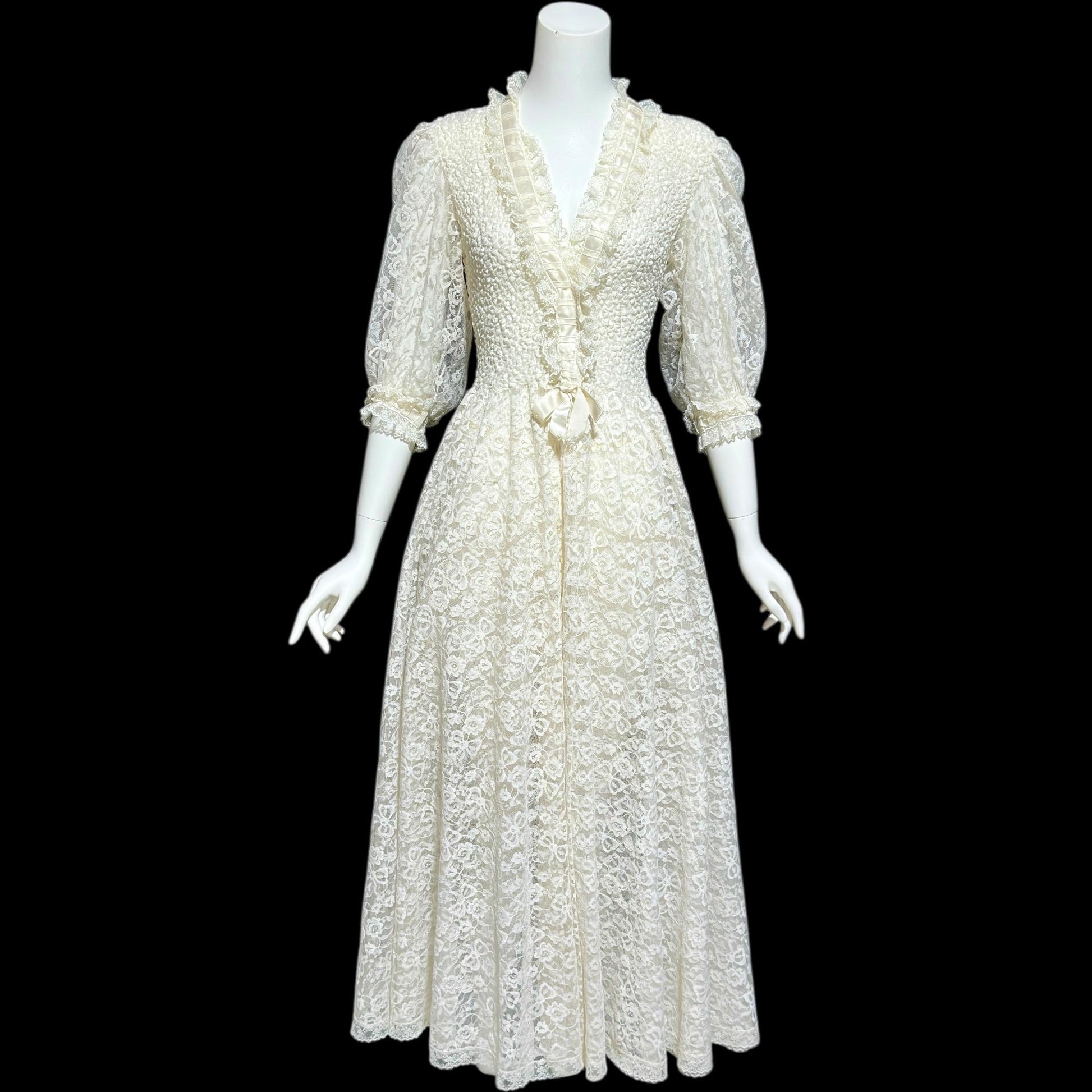 ODETTE BARSA, vintage 1950s dressing gown robe, white smocked elastic and lace bridal robe