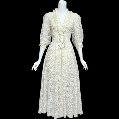 ODETTE BARSA, vintage 1950s dressing gown robe, white smocked elastic and lace bridal robe