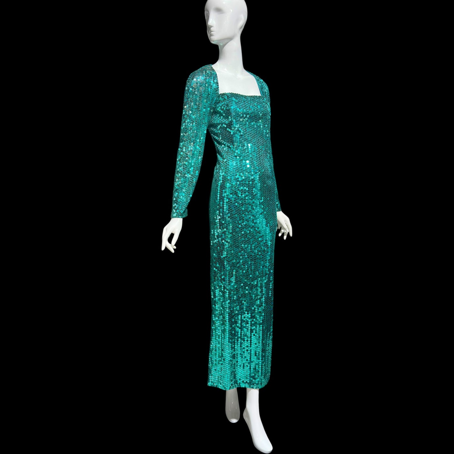 OLEG CASSINI vintage 1980s bodycon sequin evening gown, Mermaid teal green sheath gown with open back