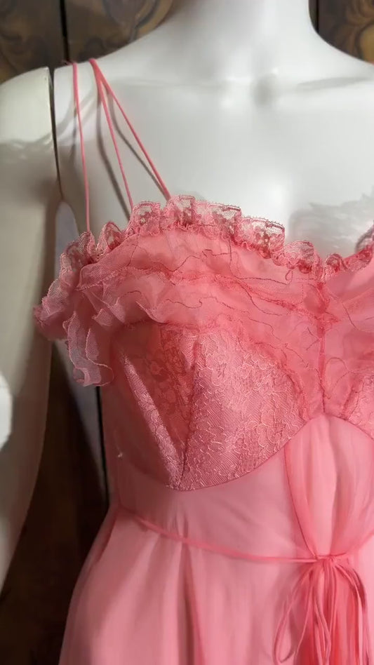 Vintage 1940s Nightgown Slip dress, KICKERNICK Peachy Pink Sheer Lace ruffle lingerie dress