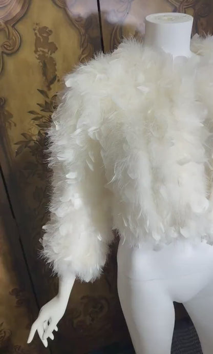 1970s Vintage Marabou & Feather Cropped Jacket, Snowy White Wedding Evening Topper