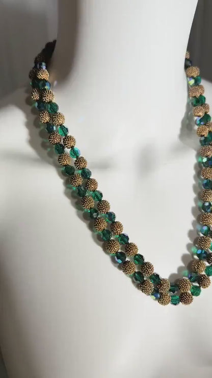 1950s vintage necklace, Faceted Iridescent Green Glass with Gold Metal Beads 2 Strand necklace