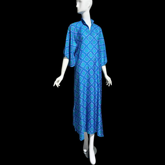 RAKSHA vintage 1970s Silk Caftan dress, Blue and green silk Hippie Boho Maxi Dress