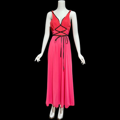 SCHIAPARELLI, vintage 1950s nightgown slip dress, shocking pink and lipstick red full length slip dress, Grecian Goddess gown