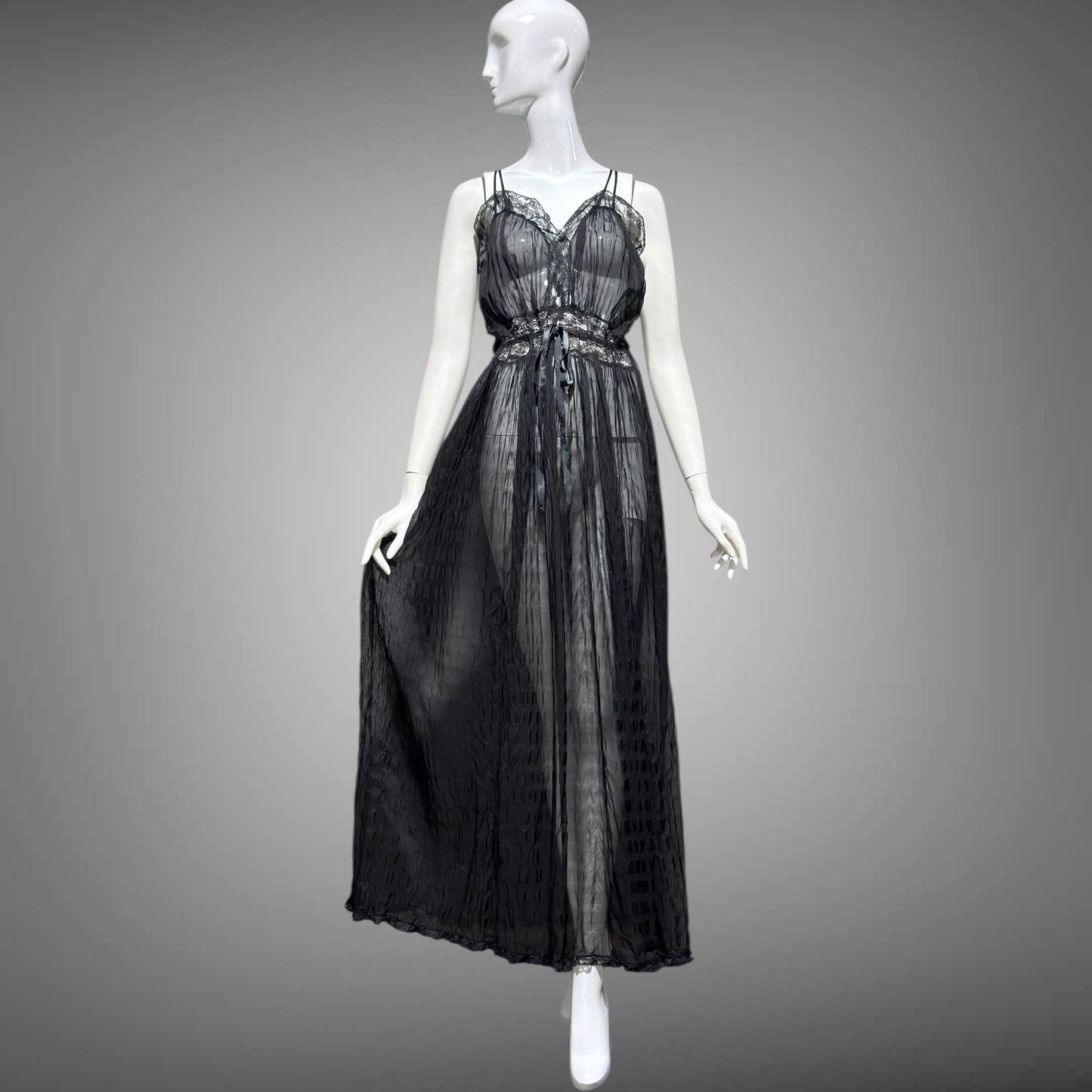 TULA vintage 1940s Nightgown slip dress, sultry black sheer waffled nylon lingerie dress, large