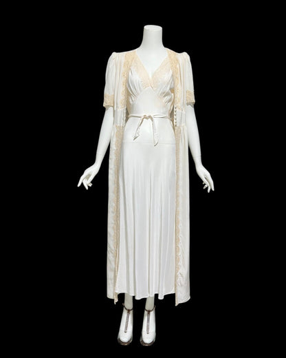 TULA, vintage 1940s peignoir set, white sheath slip dress robe set