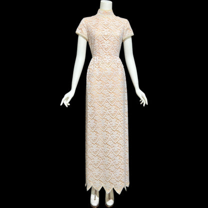 VICTOR COSTA, vintage 1970s evening dress, white and peach lace high neck column dress