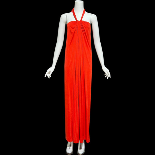 VICTOR COSTA vintage 1970s evening dress, vibrant red jersey knit goddess gown