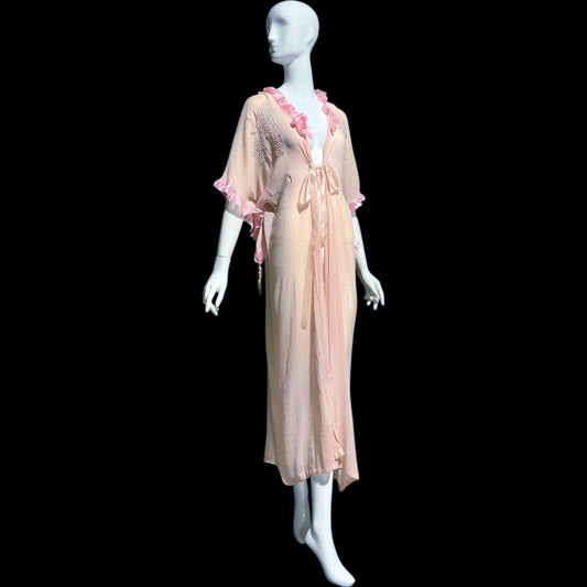 1920s vintage dressing gown robe, Dusty pink cotton gauze muslin with embroidery