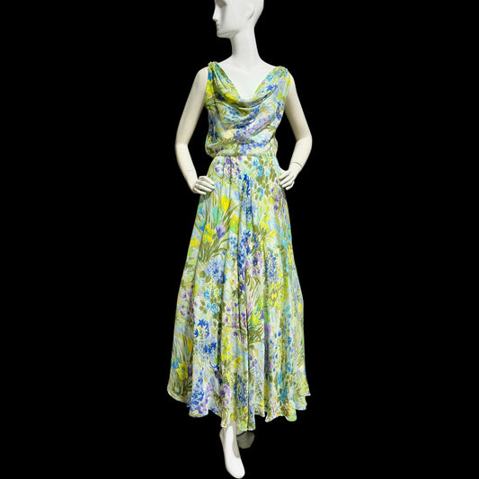 1930s vintage evening dress, Sheer floral watercolor silk cotton blend, cowl neck, feather weight bias cut sheath gown