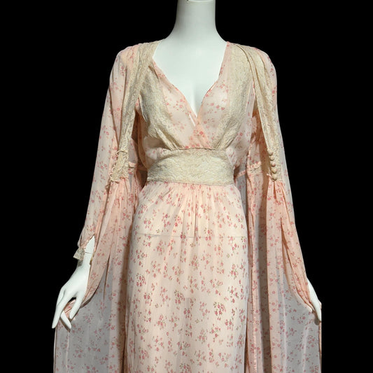 FLOBERT, vintage nightgown robe set, 1930s 1940s FLORAL pink rose buds bias cut sheath slip dress and peignoir set