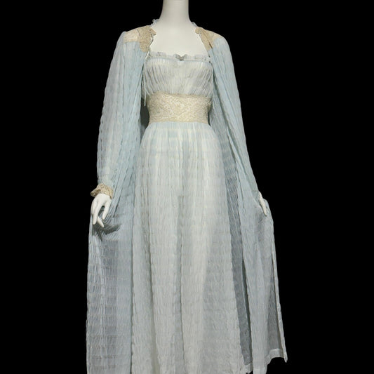 By IRIS, vintage 1930s Nightgown robe set, ethereal blue and white sheer waffled nylon slip dress and dressing gown, peignoir set