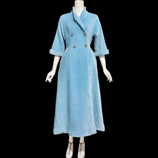 B COHEN ORIGINAL, vintage 1940s dressing gown robe, quilted robin's egg blue double breasted wrap front housecoat