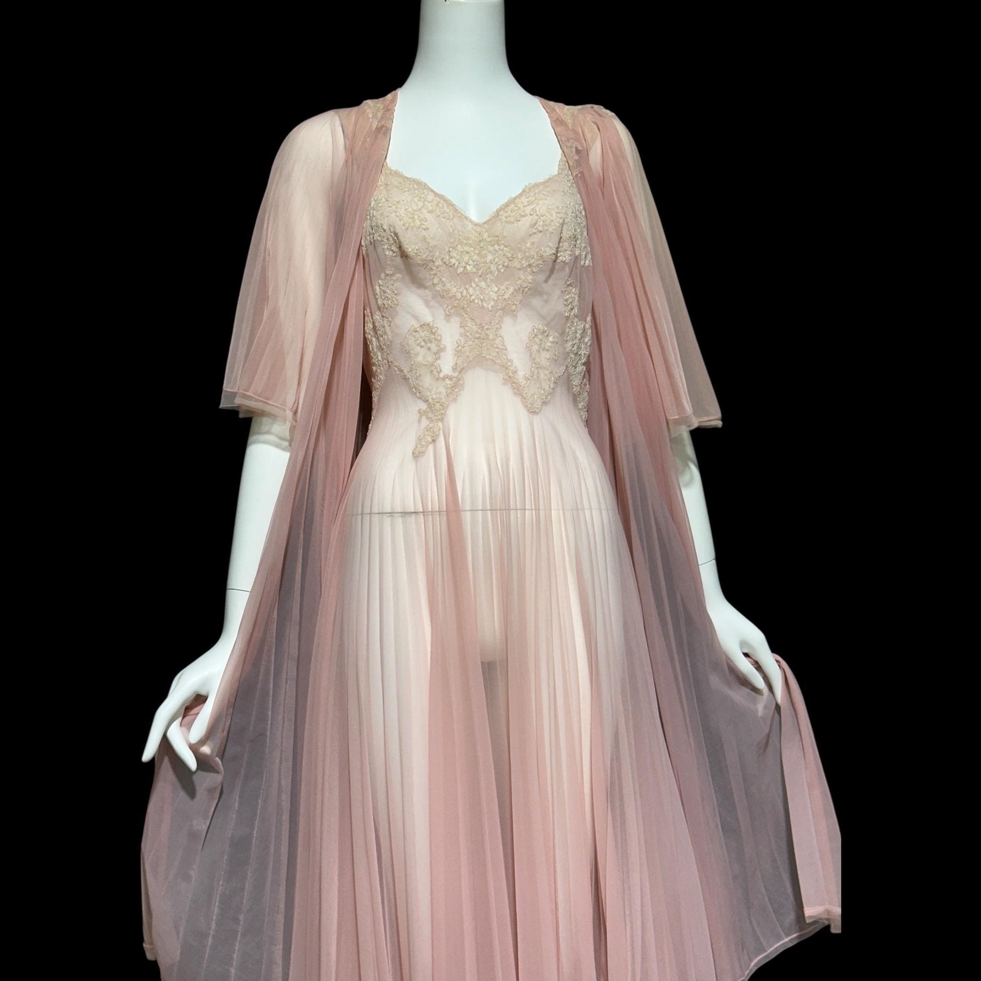 VANITY FAIR Peignoir set, Vintage 1940s Dusty Pink pleated bridal slip dress and robe