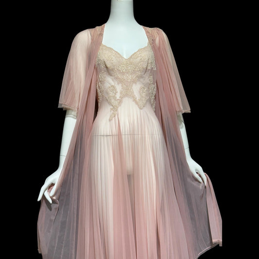VANITY FAIR Peignoir set, Vintage 1940s Dusty Pink pleated bridal slip dress and robe