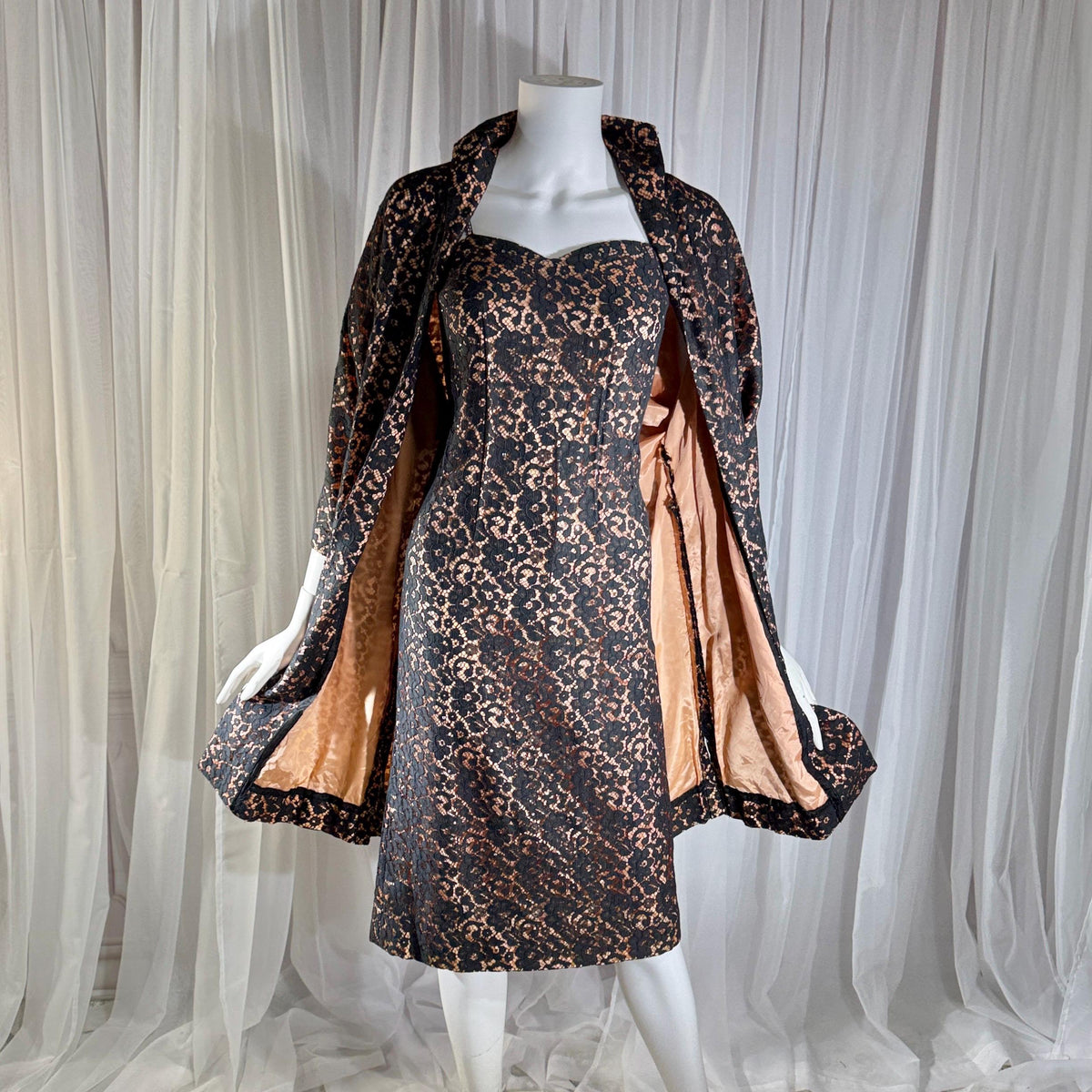 vintage 1950s LILLI DIAMOND Cocktail Dress and Matching coat, Black lace evening dress