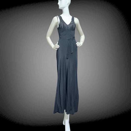 PEONY, vintage 1950s Silk Nightgown slip dress, inky black bias cut hand embroidered gown