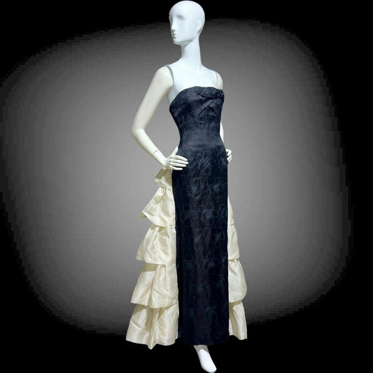 ARNOLD SCAASI vintage 1960s evening gown dress, black and white silk cascading ruffle gown