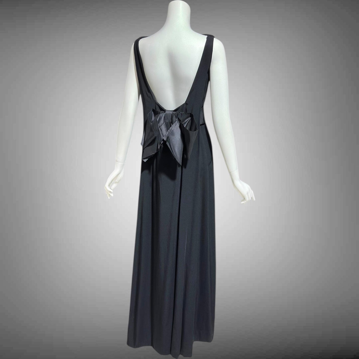 CAMEO vintage 1960s evening dress gown, black formal dress, backless watteau back
