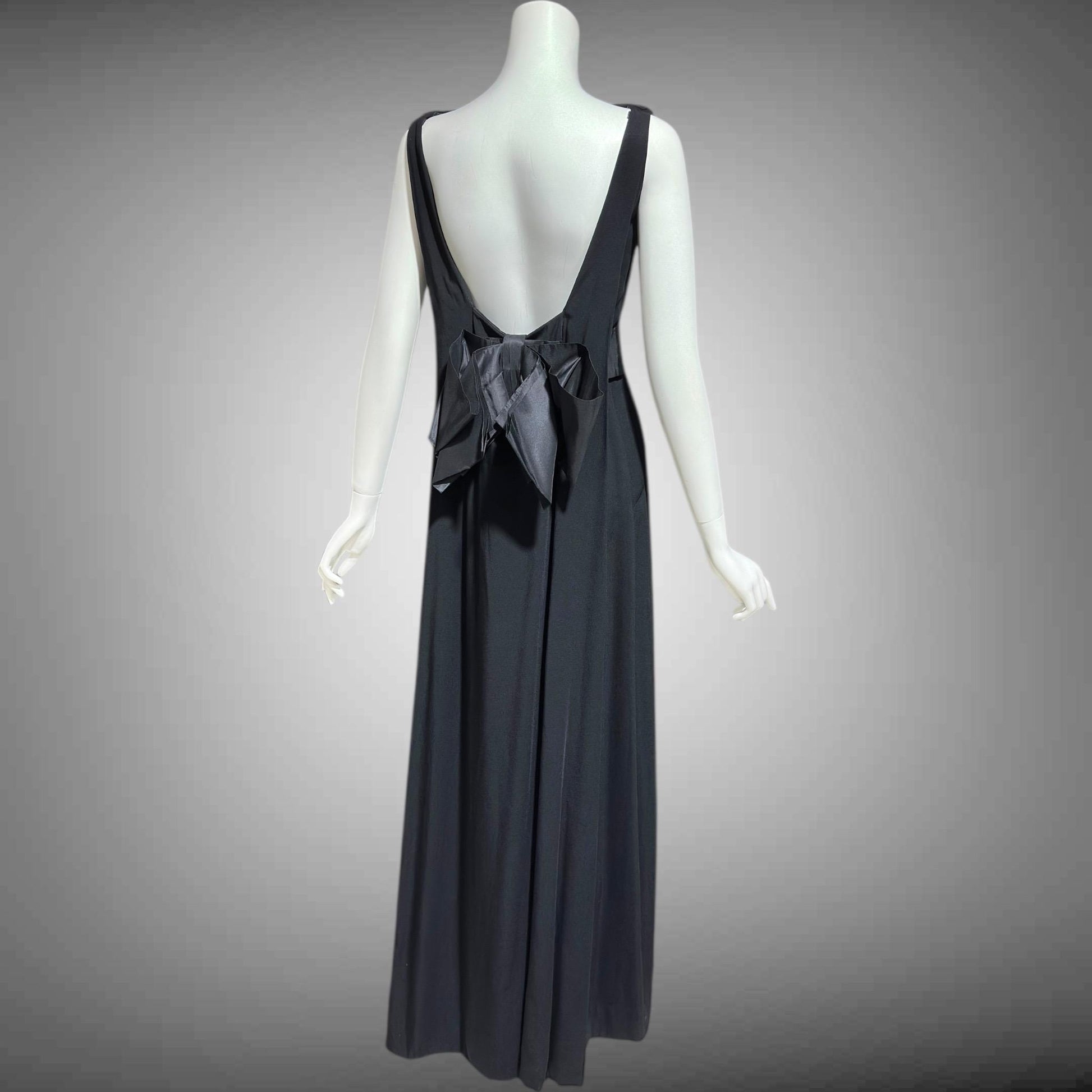 CAMEO vintage 1960s evening dress gown, black formal dress, backless watteau back