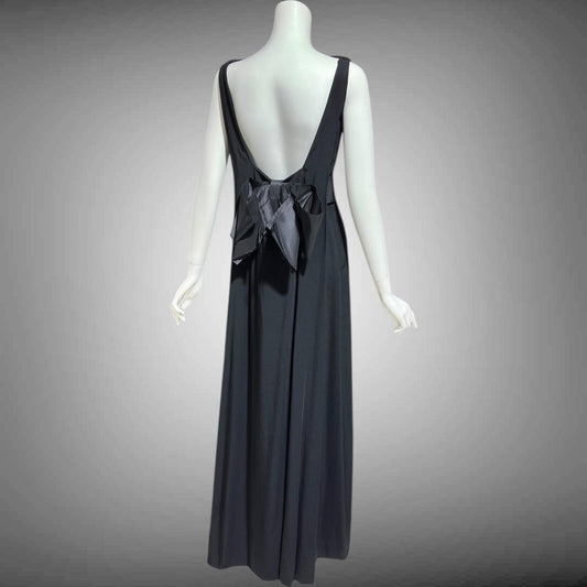 CAMEO vintage 1960s evening dress gown, black formal dress, backless watteau back