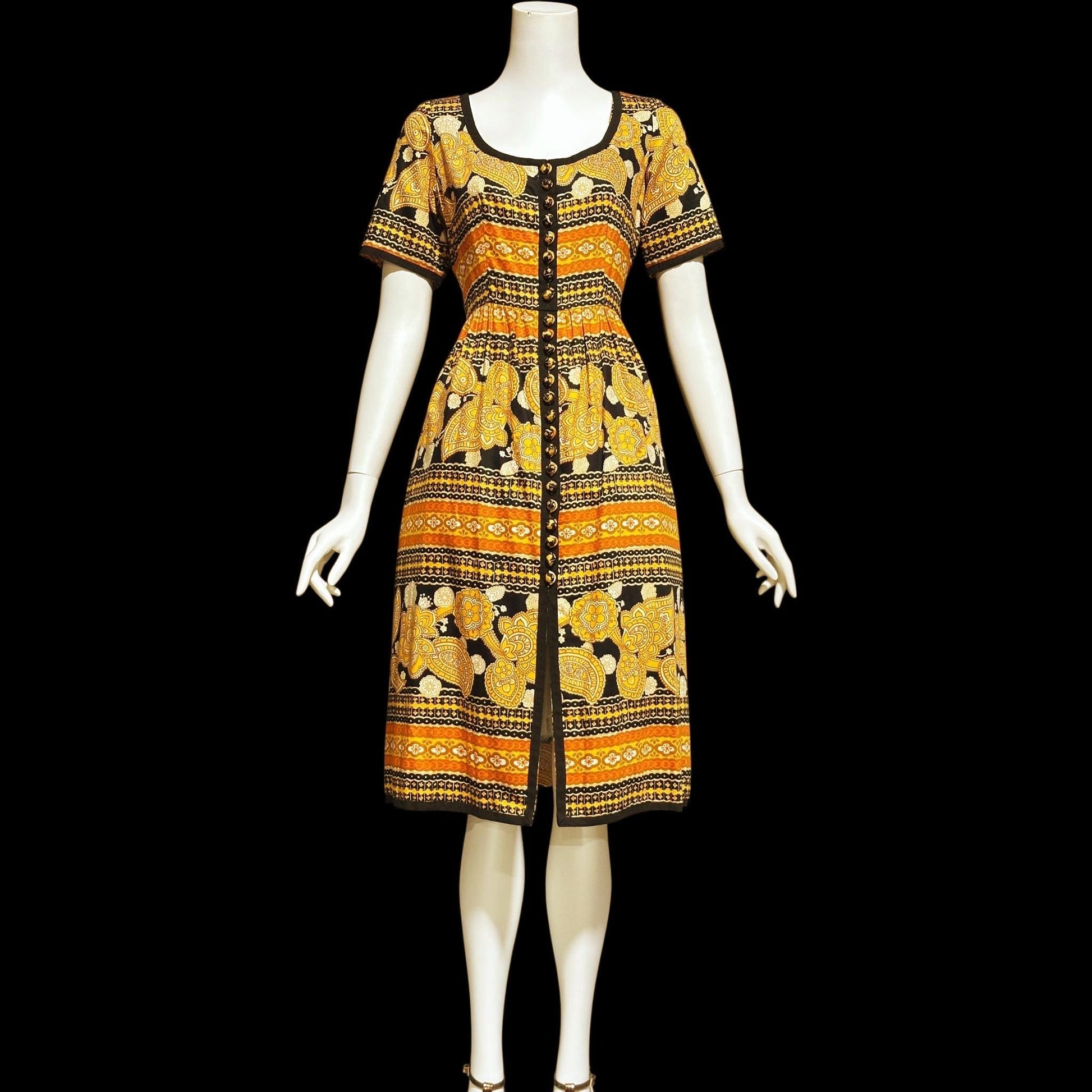 OSCAR de la RENTA, vintage 1960s day dress, Orange and Black Paisley and floral cotton dress