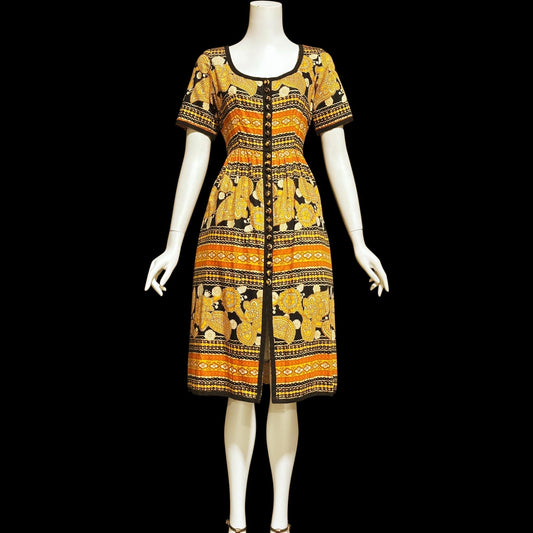 OSCAR de la RENTA, vintage 1960s day dress, Orange and Black Paisley and floral cotton dress