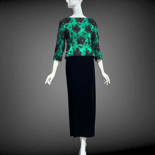 SAKS FIFTH AVE 1960s vintage evening dress, Beaded Black Velvet Green Satin 2 piece long dress